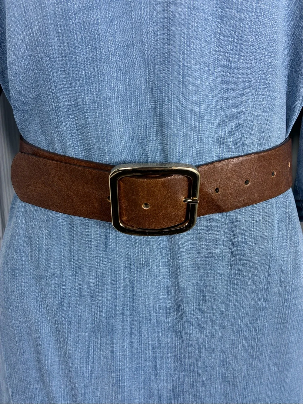 Womens belt 37” long brown faux leather gold squared buckle